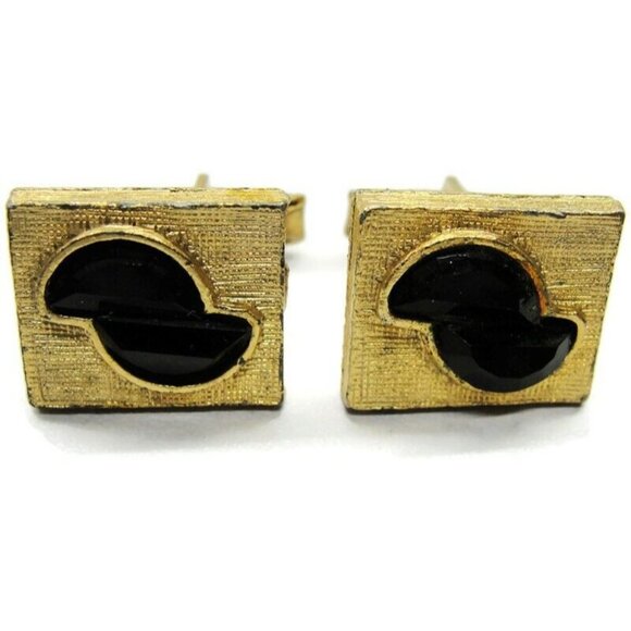 Cufflinks Gold Tone Black Stones  Tux Shirt Dress Suit Vintage - Picture 4 of 9
